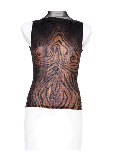 tank top mesh high neck printed wood donna nero e marrone JEAN PAUL GAULTIER | 25/03-W-TO315-M002P0060